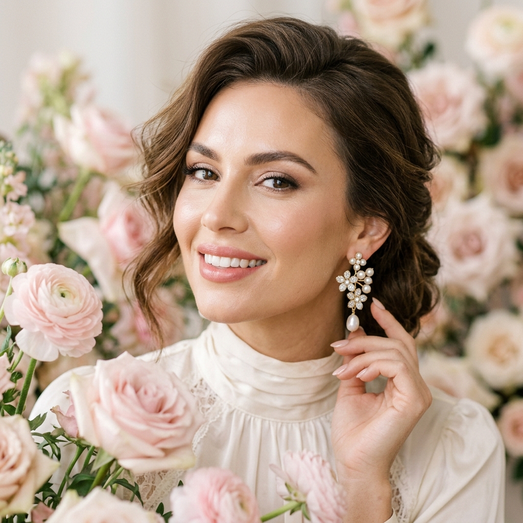 Glamour Beauty Studio portrait of a beautiful woman with elegant styling and pink roses