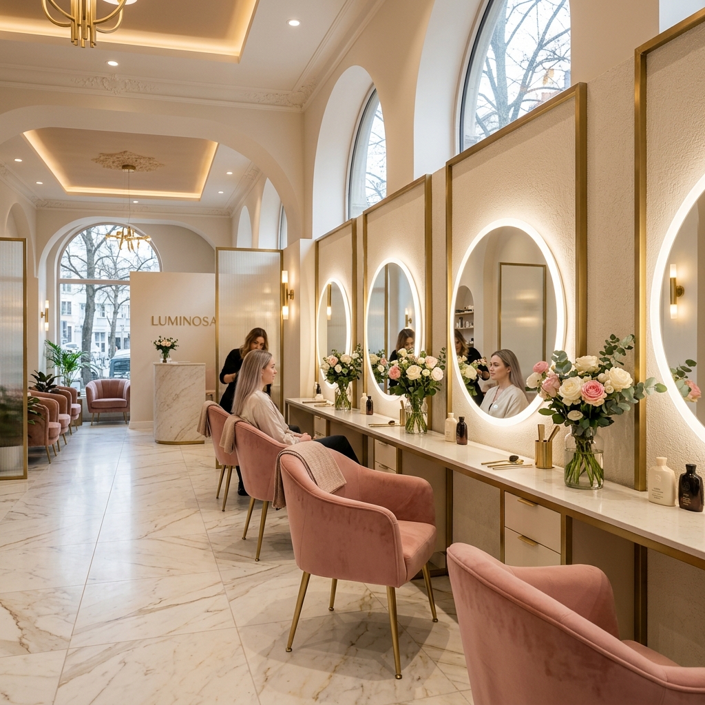 Glamour salon interior with chic vanity stations and luxury styling chairs